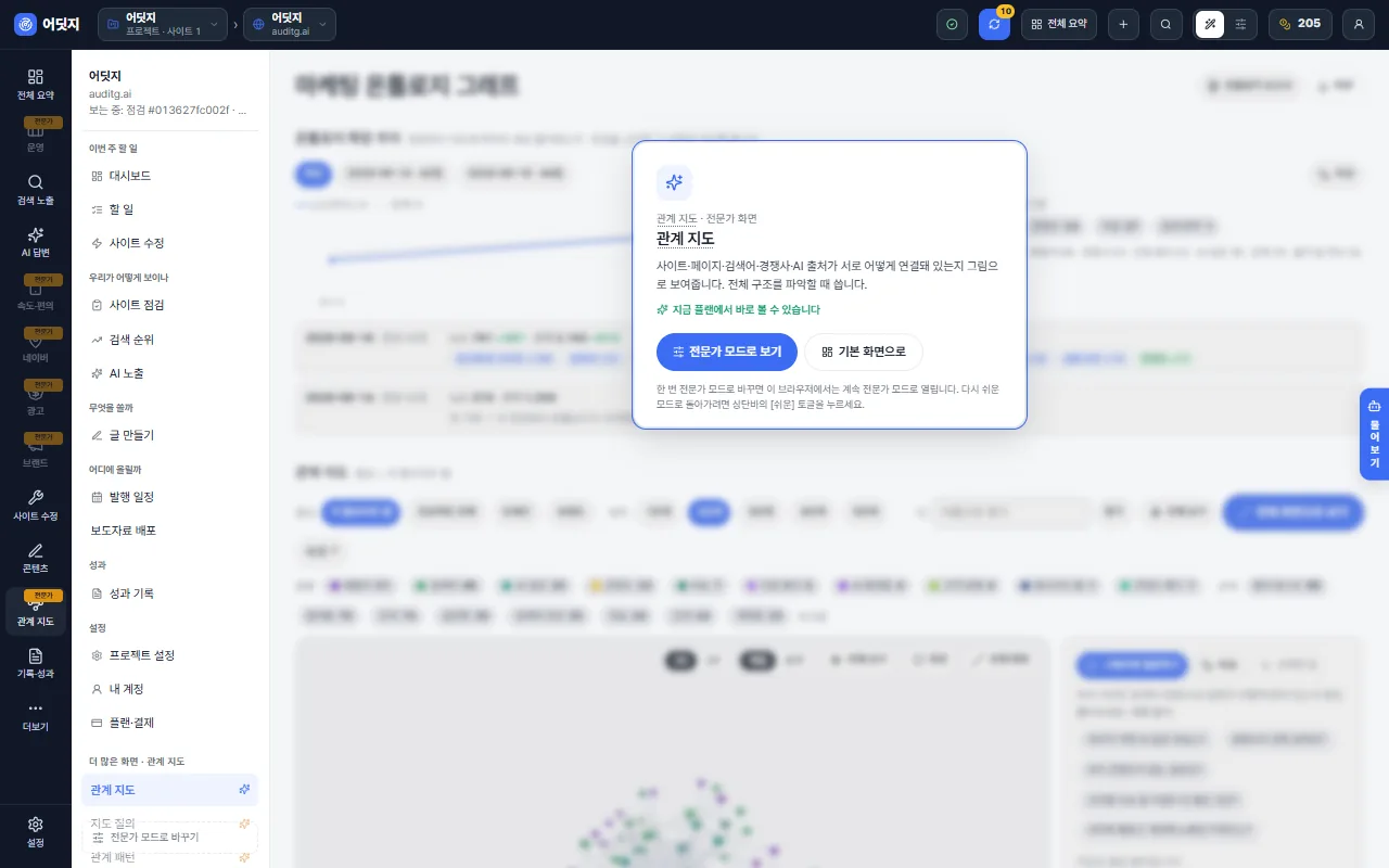 어딧지 관계 지도 데모 화면 — 검색어·페이지·경쟁사·질문의 연결